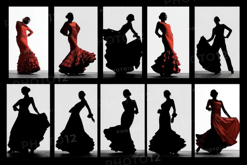 Collage of flamenco dancers. Passionate spanish music, AI generated
