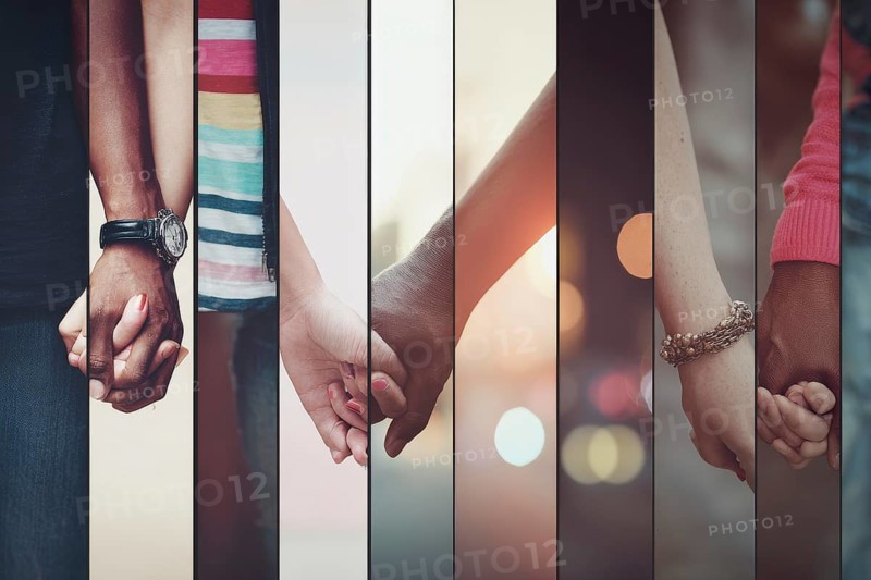 Collage of diverse lovers holding hands together. Concept of love devotion and family values, AI generated