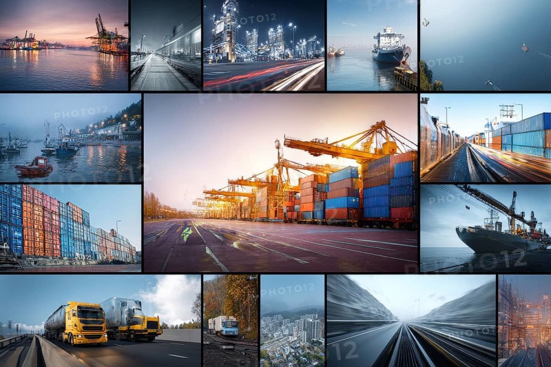 Collage of different methods of sea and ground transportation networks. International corporations and global commerce and trade network, AI generated