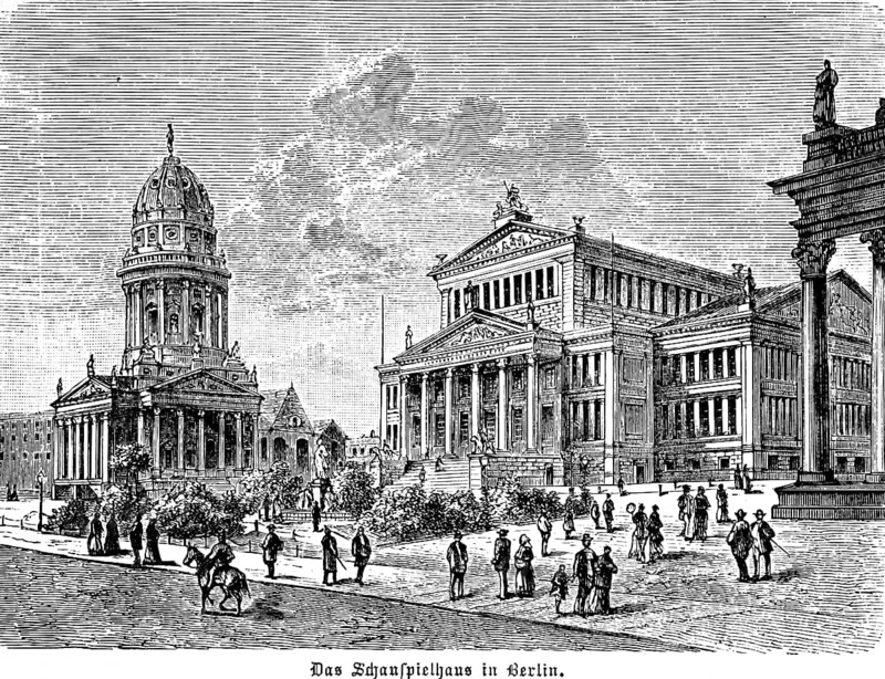 German Cathedral, Baroque, architect Carl von Gontard and theatre, concert hall at Gendarmenmarkt, Classicism, architect Karl Friedrich Schinkel, Berlin, Germany, historical illustration 1896