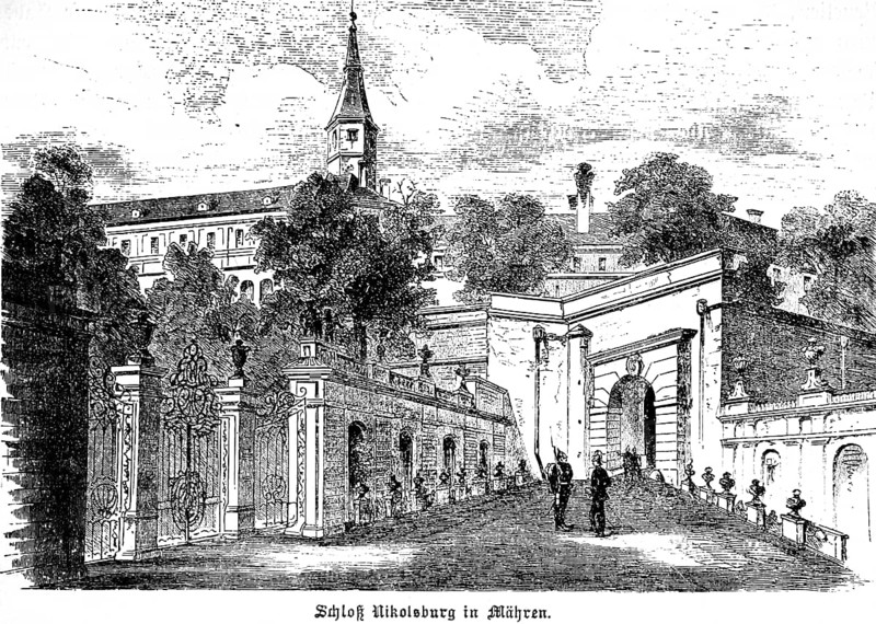 Mikulov Castle in Mikulov, Czech Republic, formerly Nikolsburg Castle, tower, hill, guard at the entrance, wall, park entrance, busts, historical illustration 1896