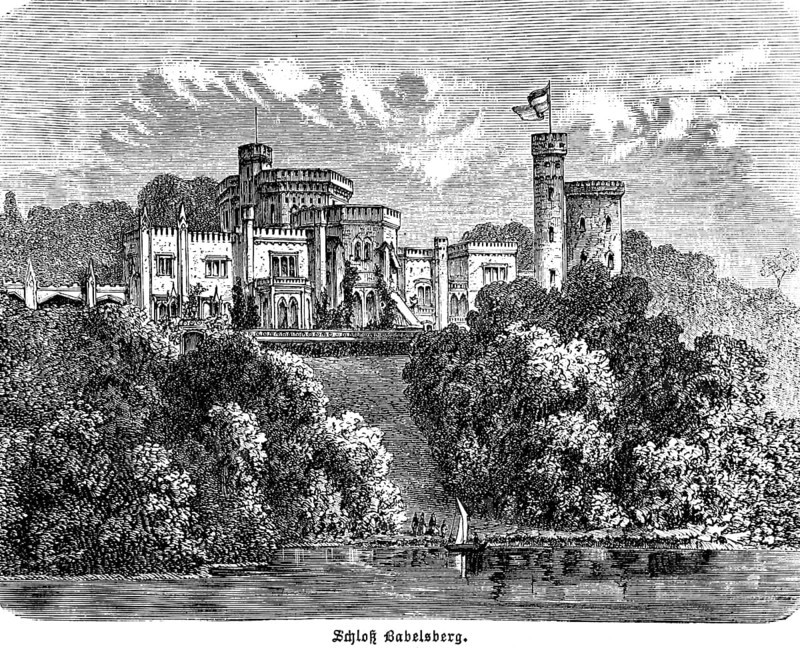 Babelsberg Palace, former summer residence of the German Emperor Wilhelm I, Tudor architectural style, flag, Babalsberg Park, lake with sailing boat, Potsdam, Brandenburg, Germany, historical illustration 1896
