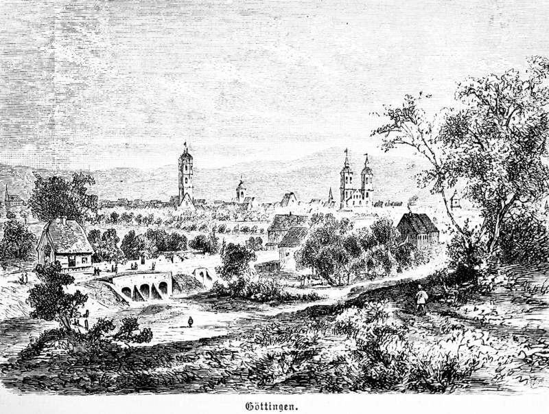 Townscape of Göttingen on the Leine, stone bridge, church with double tower, landscape, Lower Saxony, Germany, historical illustration 1896