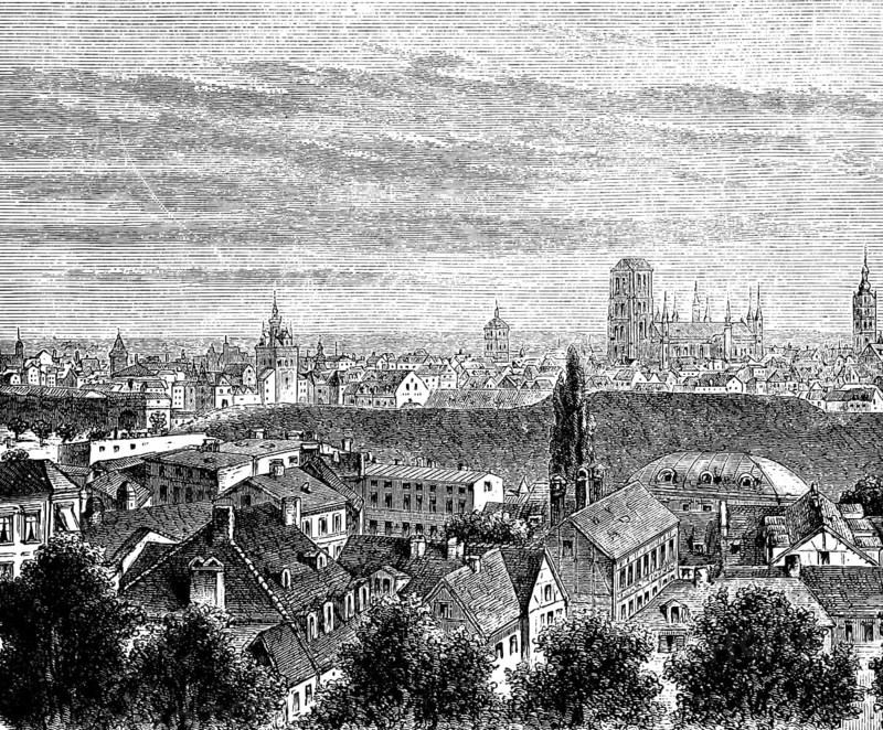 Cityscape of Gdansk, Pomerania, Poland, churches, towers, former German Empire, historical illustration 1896