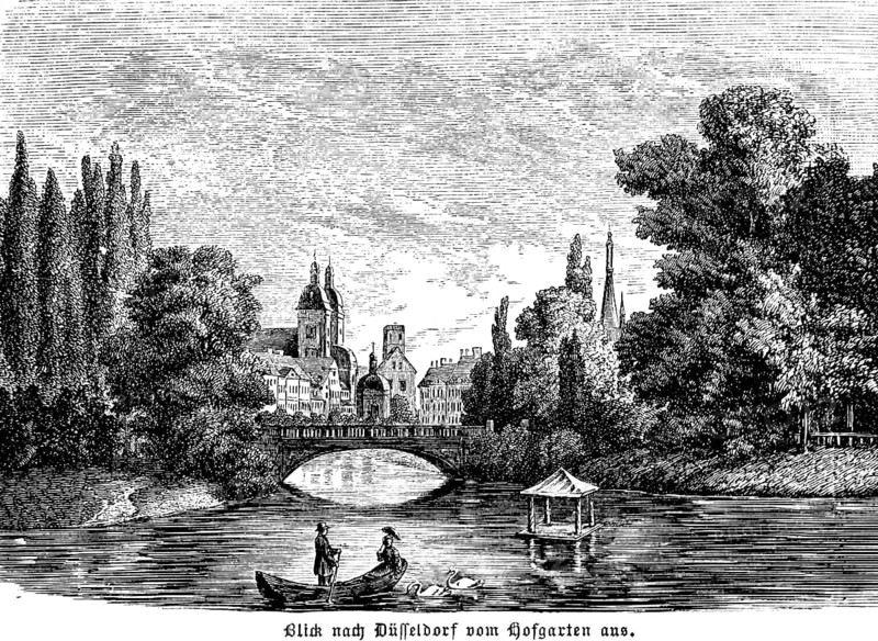 View of Düsseldorf from the Hofgarten park, lake with rowing boat, man, woman, duck house, bridge, church, North Rhine-Westphalia, Germany, historical illustration 1896