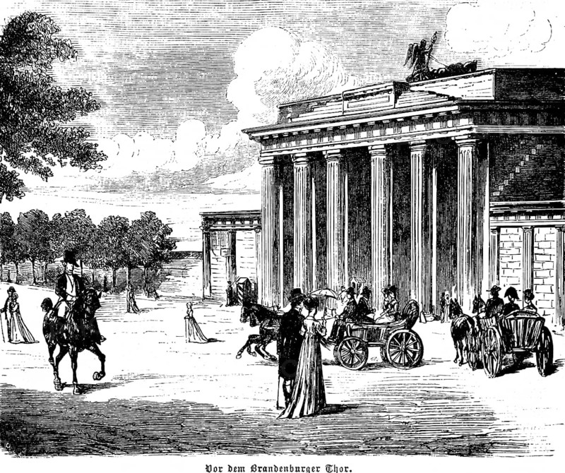 Brandenburg Tor in Berlin, horse-drawn carriages, riders, walkers, Germany, historical illustration 1896