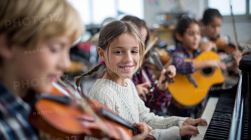 Diverse children paying musical instrument and learning music at music school, AI generated