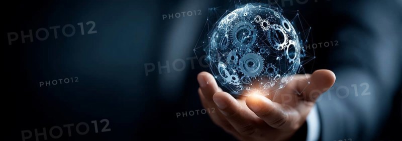 Businessman holding a digital sphere with global network and gears icons on a dark blue background, AI generated