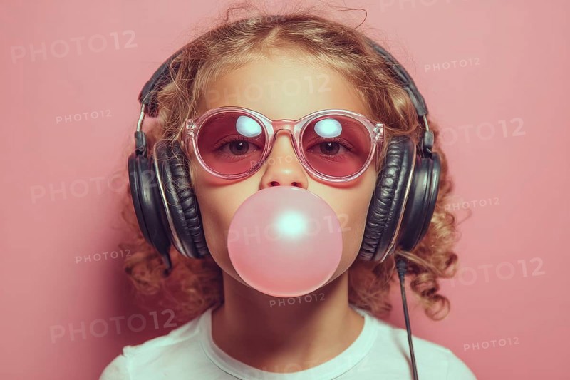 Child in a big headphones and bubble gum, AI generated