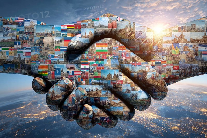 Collage and culture and business cooperation between governments. Shaking hands covered in international country flags, AI generated
