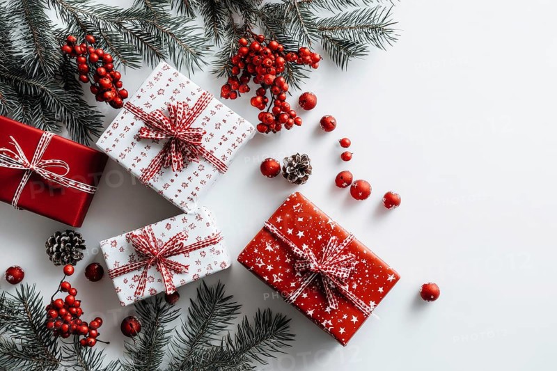 Christmas and New Year holiday background. Xmas greeting card and gifts on white background top view flat lay, AI generated