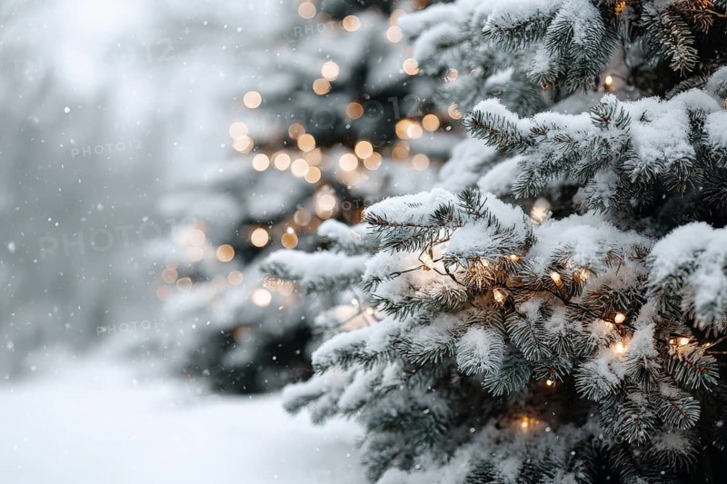 Christmas background. Xmas tree with snow decorated with garland lights, holiday festive background, AI generated