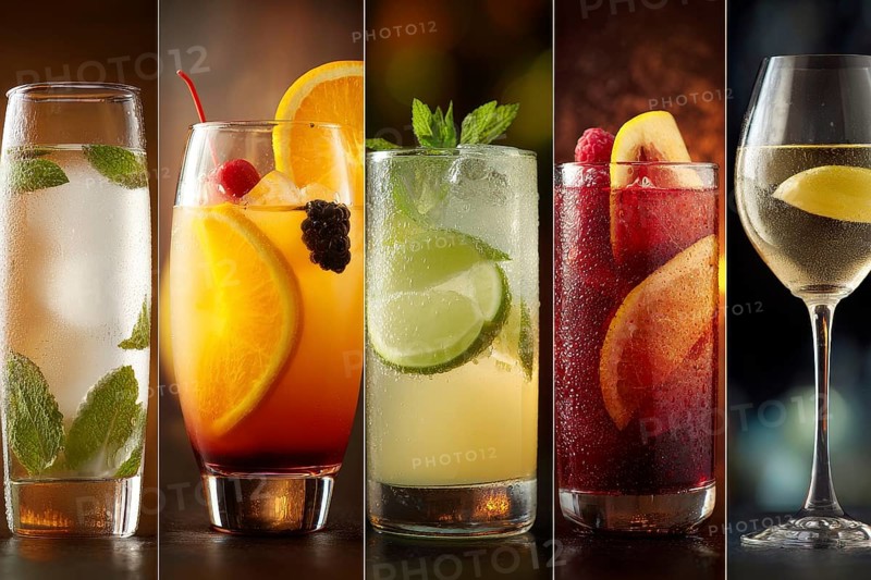 Collage of alcoholic drinks and cocktails and glasses, AI generated