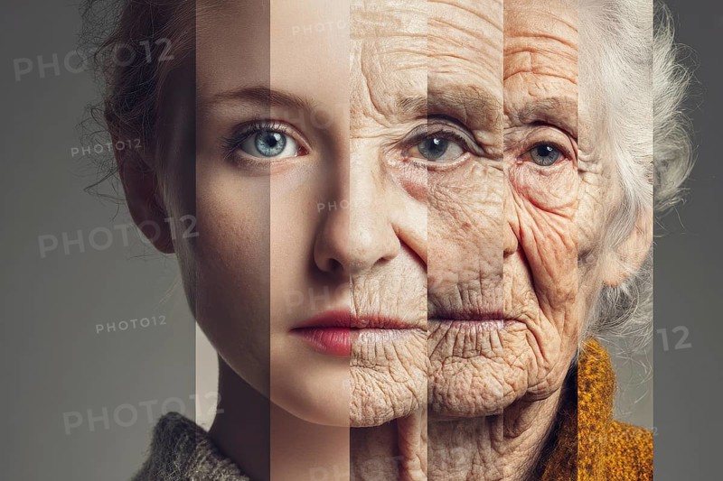 Collage of a face of the same person aging from young to old, AI generated