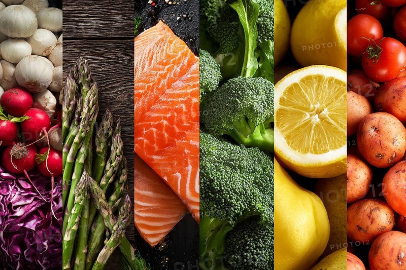 Collage healthy organic food and various healthy diets for improving weight and overall digestive health, AI generated