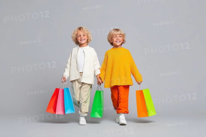 Children with colourful shopping bggs, AI generated