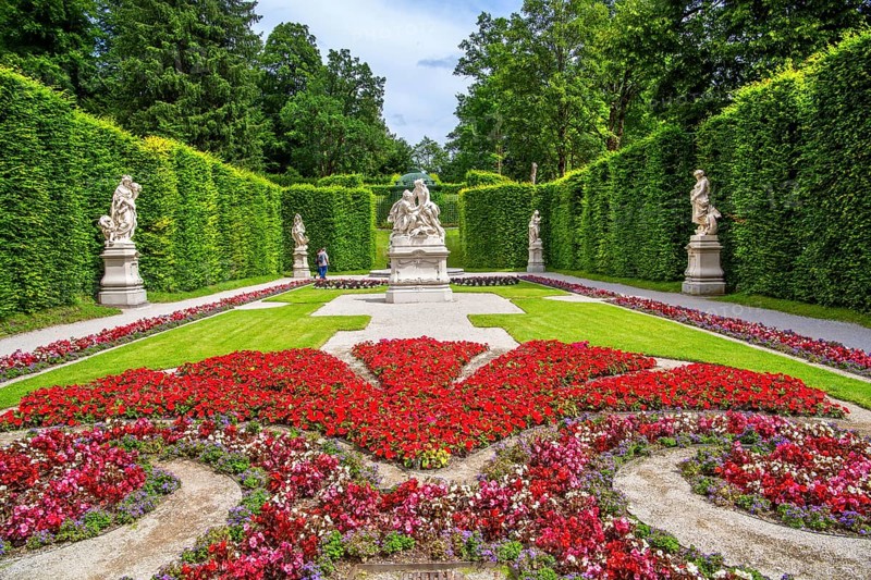 Baroque garden parterre on the east side of Linderhof Palace, Ettal, Ammertal, Upper Bavaria, Bavaria, Germany, UNESCO World Heritage Site