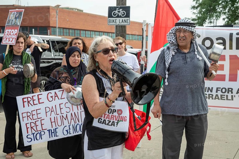 Detroit, Michigan USA - 26 July 2025 - Protesters rally at Eastern Market, banging empty pots to protest starvation in Gaza. Barbara Barefield, who is Jewish, said opposition to Israel's actions in Gaza cannot be protrayed as anti-semitism