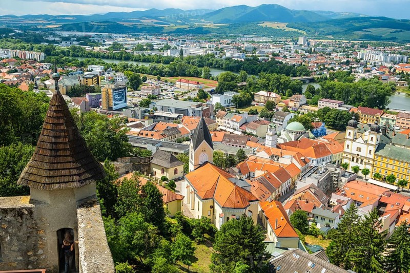 View from the castle of the town of Trencín, the parish church of the Nativity of the Virgin Mary and the Neolog Synagogue as well as the old town centre of Trencin, Capital of Culture 2026, Trencín, Slovakia