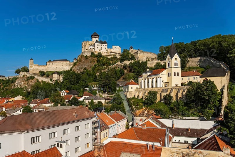 View of Trencín Castle, St Mary's Castle and the old town centre from the town tower, Capital of Culture 2026, Trencín, Slovakia