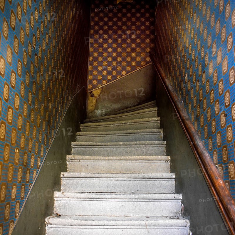 Staircase features worn steps and a dark atmosphere, going down to a lower level. The walls are adorned with patterned wallpaper, suggesting historical charm