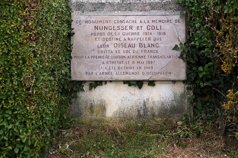 Memorial plaque, monument in honour of the French aviators François Coli and Charles Nungesser, behind the church Chapelle Notre Dame de la Garde, Étretat, Normandy, Seine-Maritime, France