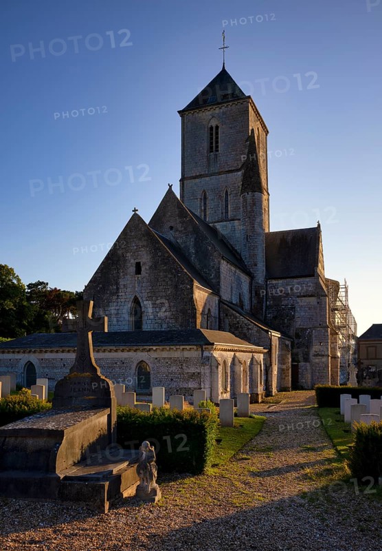Cemetery and Church of Our Lady of Notre-Dame d'Étretat, Étretat, evening light, Normandy, Seine-Maritime, France