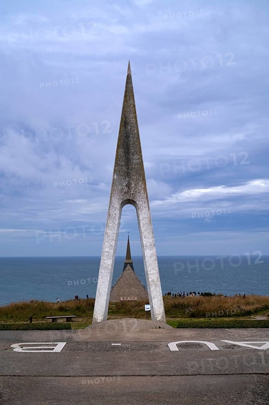 Monument in honour of the French aviators François Coli and Charles Nungesser, behind the church Chapelle Notre Dame de la Garde, Étretat, Normandy, Seine-Maritime, France