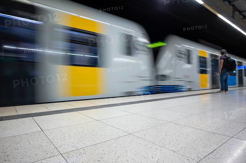 Underground incoming S-Bahn, train, Class 420 Generation 2025, platform, stop, Feuersee station, public transport, movement effect, travellers, Stuttgart, Baden-Württemberg, Germany
