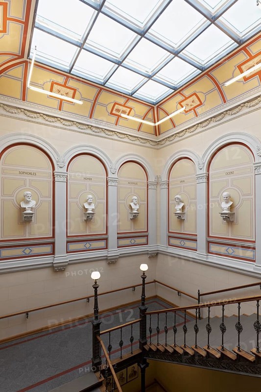 Staircase with busts of ancient Greek and Roman scholars, main building of the University of Rostock, Mecklenburg-Western Pomerania, Germany
