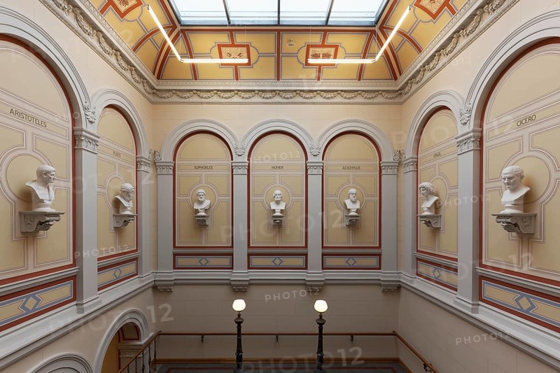 Staircase with busts of ancient Greek and Roman scholars, main building of the University of Rostock, Mecklenburg-Western Pomerania, Germany