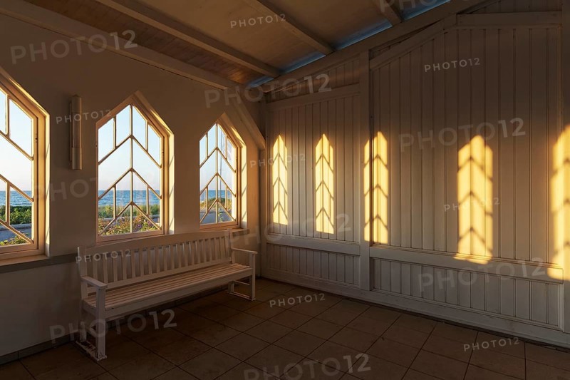 Concert garden Kühlungsborn-West, evening sun shining through the window, architecture in the style of 1928, Baltic resort Kühlungsborn, Baltic Sea, Mecklenburg-Western Pomerania, Germany