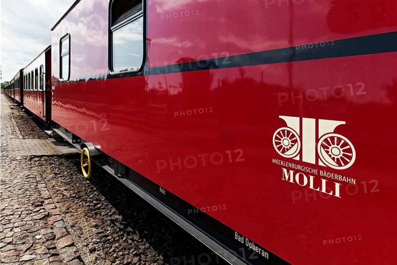 Mecklenburgische Bäderbahn Molli, logo on carriage, Baltic resort Kühlungsborn, Baltic Sea, Mecklenburg-Western Pomerania, Germany