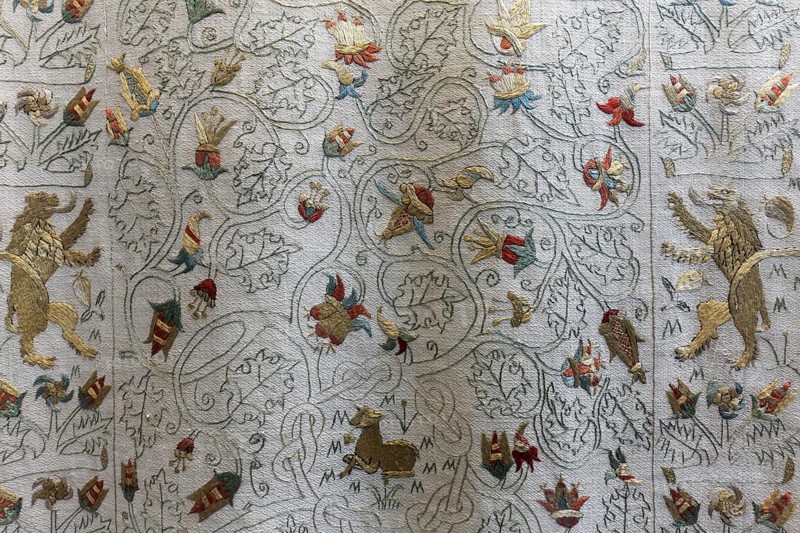 Wedding cloth from the 16th century, embroidered ornaments and lions, St Mary's Church, Rostock, Mecklenburg-Vorpommern, Germany