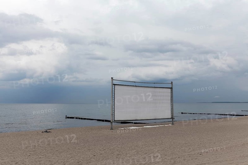 Kühlungsborn beach cinema, cinema screen on the beach, cloudy sky, Baltic Sea, Mecklenburg-Western Pomerania, Germany