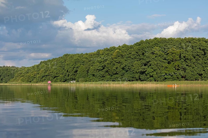 Parasol, holiday home, canoe, Leppinsee, Rechlin, Mecklenburg Lake District, Mecklenburg-Western Pomerania, Germany