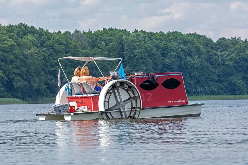 Pedal boat, paddle steamer dummy, Leppinsee, Mecklenburg Lake District, Mecklenburg-Western Pomerania, Germany