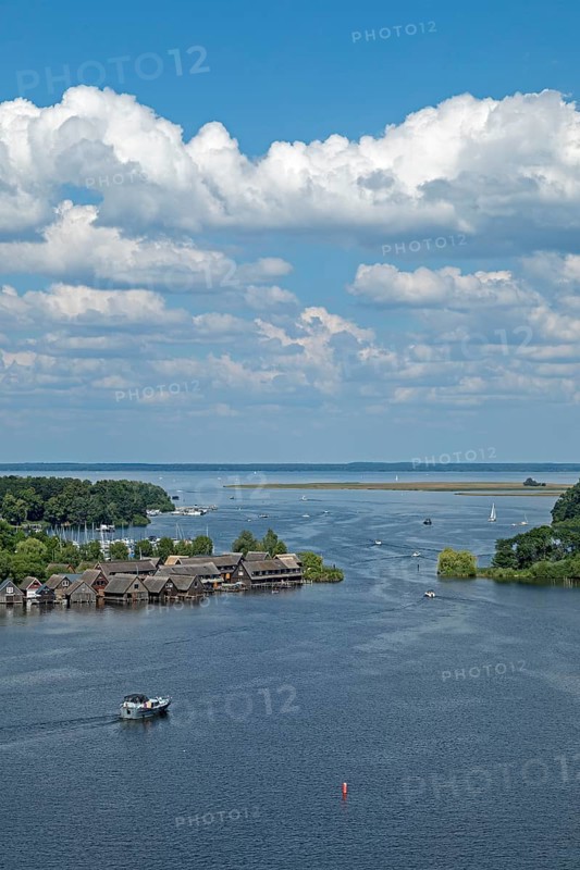 View from the tower of St Mary's Church, Müritz, lake, boats, boathouses, holiday homes, Röbel, Müritz, Mecklenburg Lake District, Mecklenburg-Western Pomerania, Germany