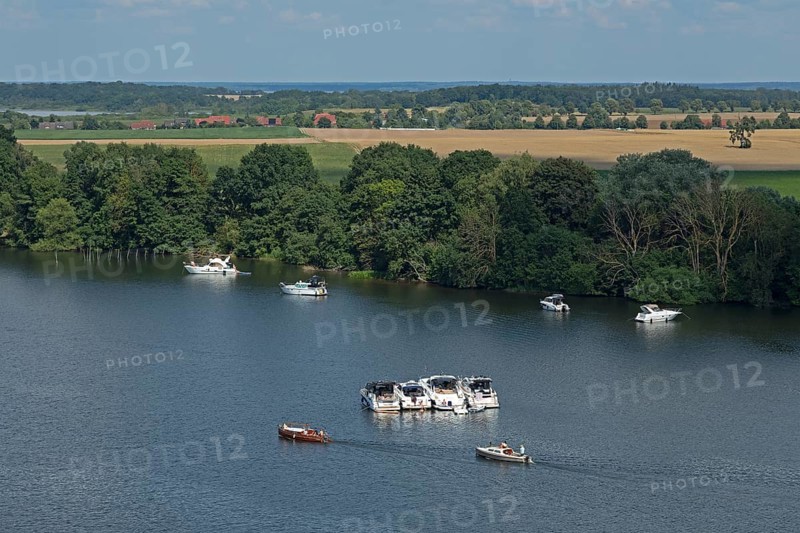 View from the tower of St Mary's Church, motor yachts, Müritz, lake, trees, Röbel, Mecklenburg Lake District, Mecklenburg-Western Pomerania, Germany