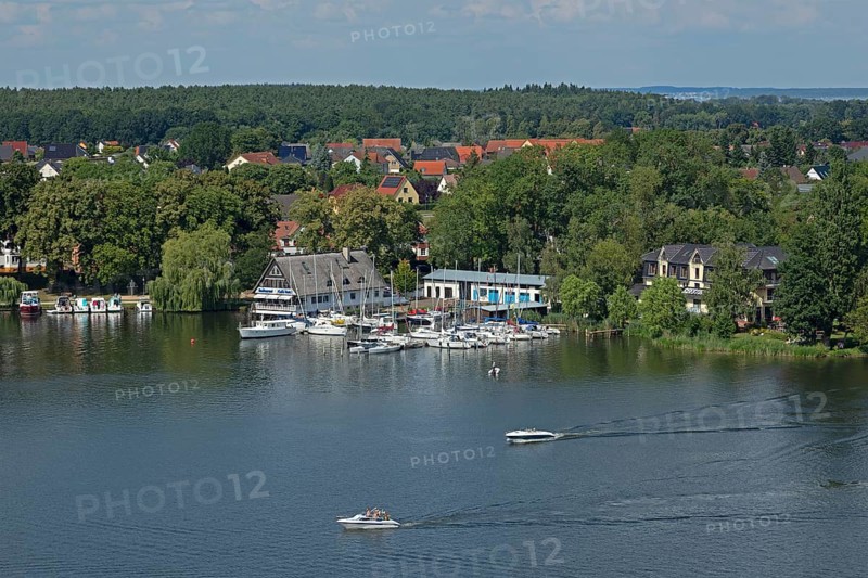 View from the tower of St Mary's Church, boats, houses, marina, Müritz, lake, trees, Röbel, Müritz, Mecklenburg Lake District, Mecklenburg-Western Pomerania, Germany