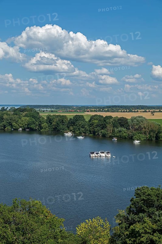 View from the tower of St Mary's Church, motor yachts, Müritz, lake, trees, Röbel, Mecklenburg Lake District, Mecklenburg-Western Pomerania, Germany