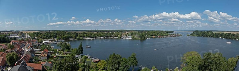 Panoramic view from the tower of St Mary's Church, Photomerge, Müritz, lake, boats, boathouses, holiday homes, Röbel, Mecklenburg Lake District, Mecklenburg-Western Pomerania, Germany