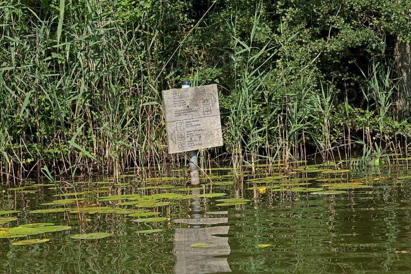 Old signpost at the border of the Müritz National Park, Leppinsee, Mecklenburg Lake District, Mecklenburg-Vorpommern, Germany