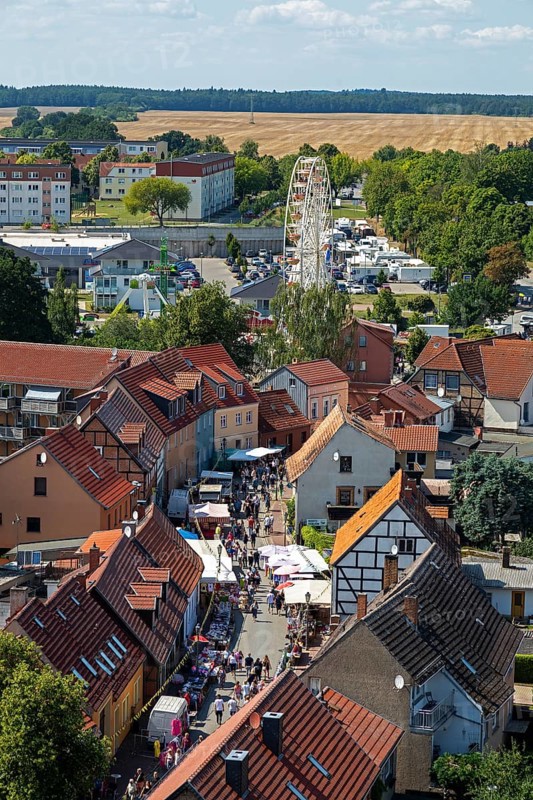 View from the tower of St Mary's Church, lake festival, Ferris wheel, old town centre, Röbel, Müritz, Mecklenburg Lake District, Mecklenburg-Western Pomerania, Germany