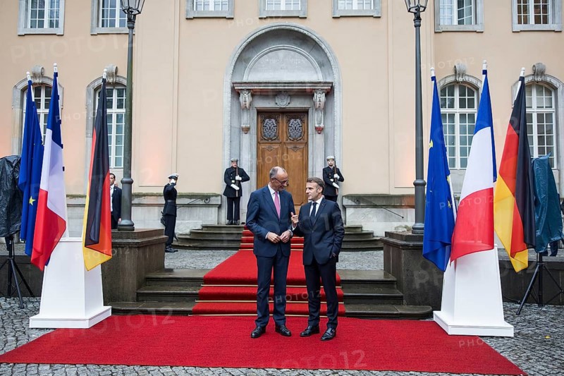 Friedrich Merz (CDU, Federal Chancellor) and Emmanuel Macron (President of the French Republic) arriving in front of Villa Borsig in Berlin on 23 July 2025