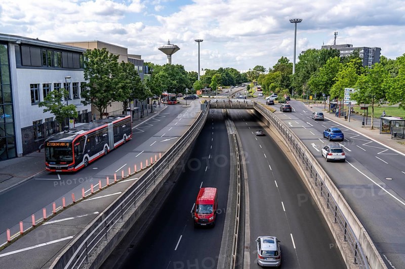 Europaring, B8, city centre road, landmark water tower of Leverkusen, North Rhine-Westphalia, Germany