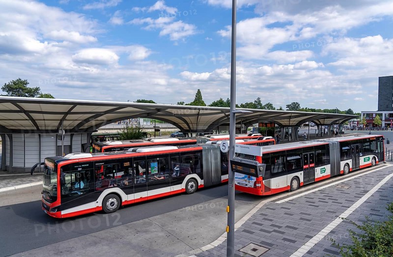 Bus station at Wiesdorf Leverkusen Mitte railway station, buses of the local transport company Wupsi, operates local transport in Leverkusen and the Rheinisch-Bergisch district, Rhine-Sieg transport association, local buses, North Rhine-Westphalia, Germany