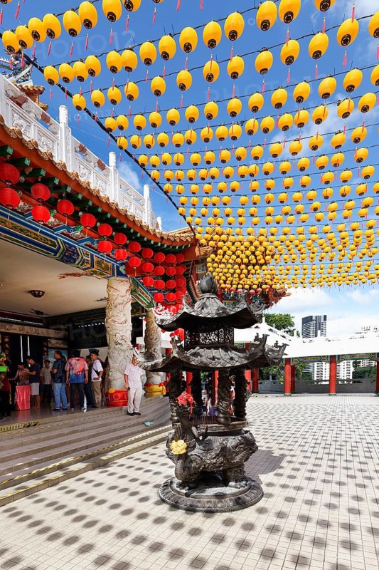 Thean Hou Temple to the Goddess Mazu with red and yellow chinese lanterns, Kuala Lumpur, Malaysia, Asia