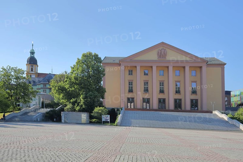 House of History and baroque Kreuzkirche, columns, open staircase, stairway, Platz der deutschen Einheit, Suhl, Franconia, Thuringia, Germany