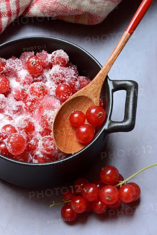 Redcurrants with sugar in pots, Ribes rubrum